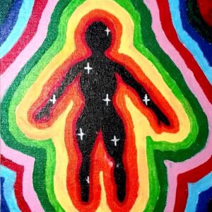 Silhouette of a human figure surrounded by colorful energy layers in rainbow hues